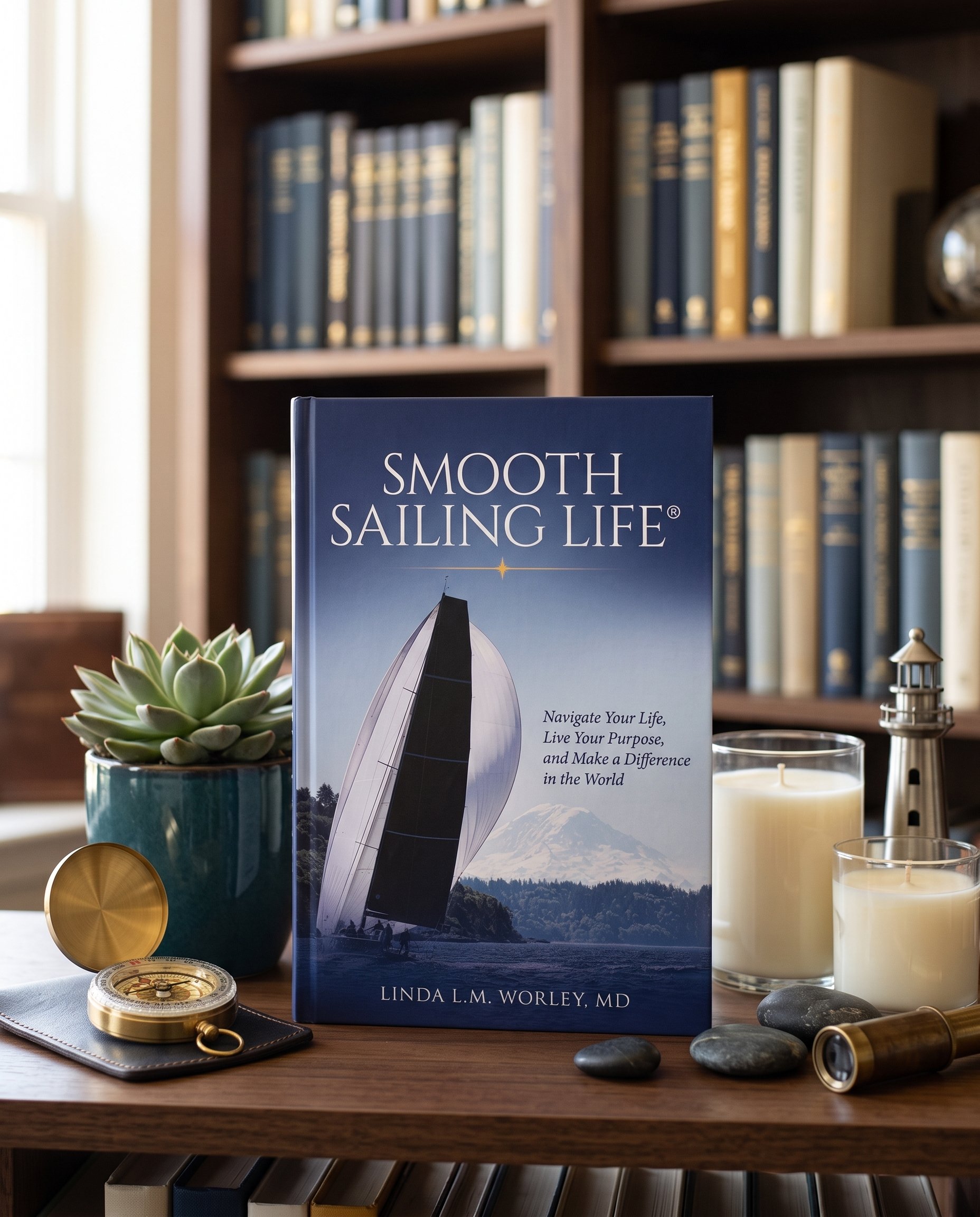 Smooth Sailing Life color hardcover edition on a library shelf beside a brass compass, spyglass, and small lighthouse