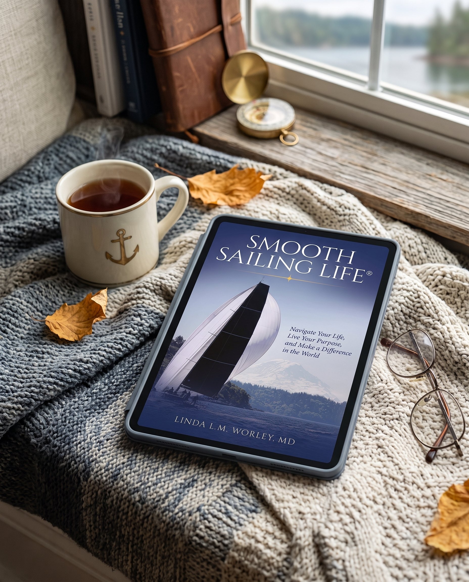 Smooth Sailing Life Kindle edition on a tablet beside a cup of tea and a brass compass by a window