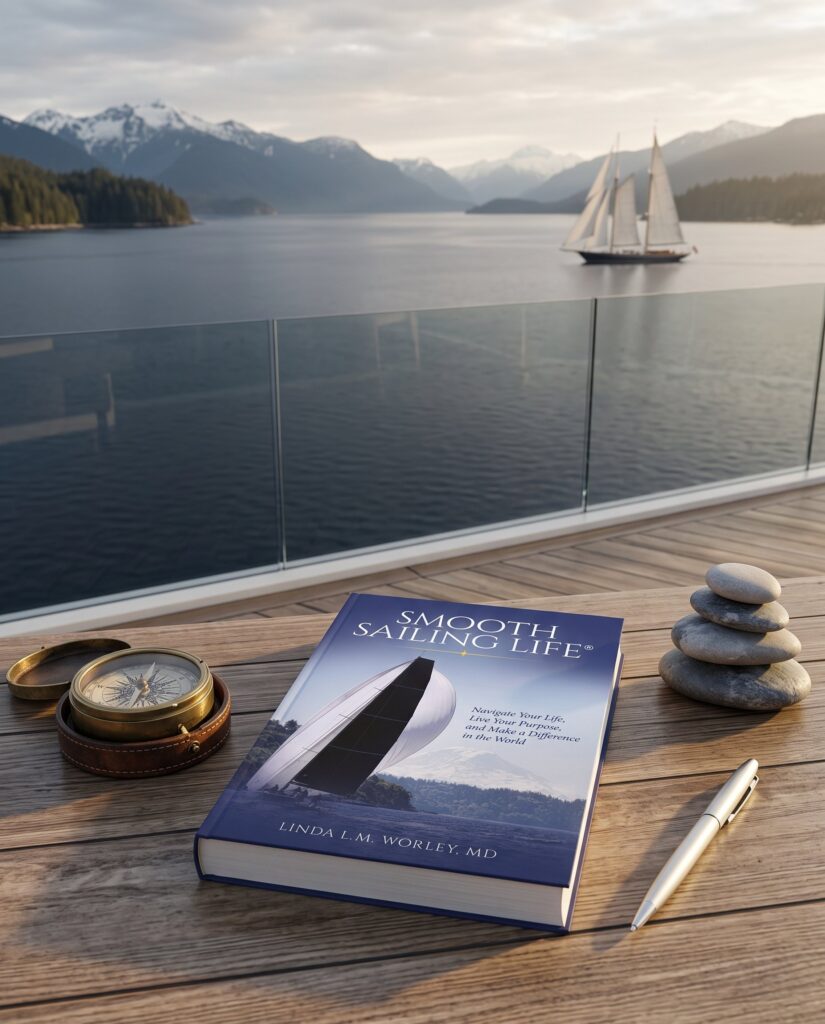 Smooth Sailing Life book by Linda L.M. Worley, MD, on a deck table with a brass compass, overlooking water and a sailboat